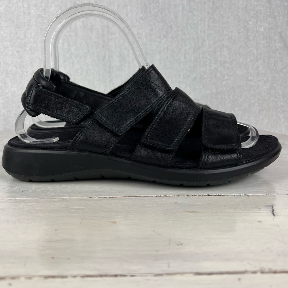 - 478gap Ecco black leather adjustable hook and loop strappy women sandals…
